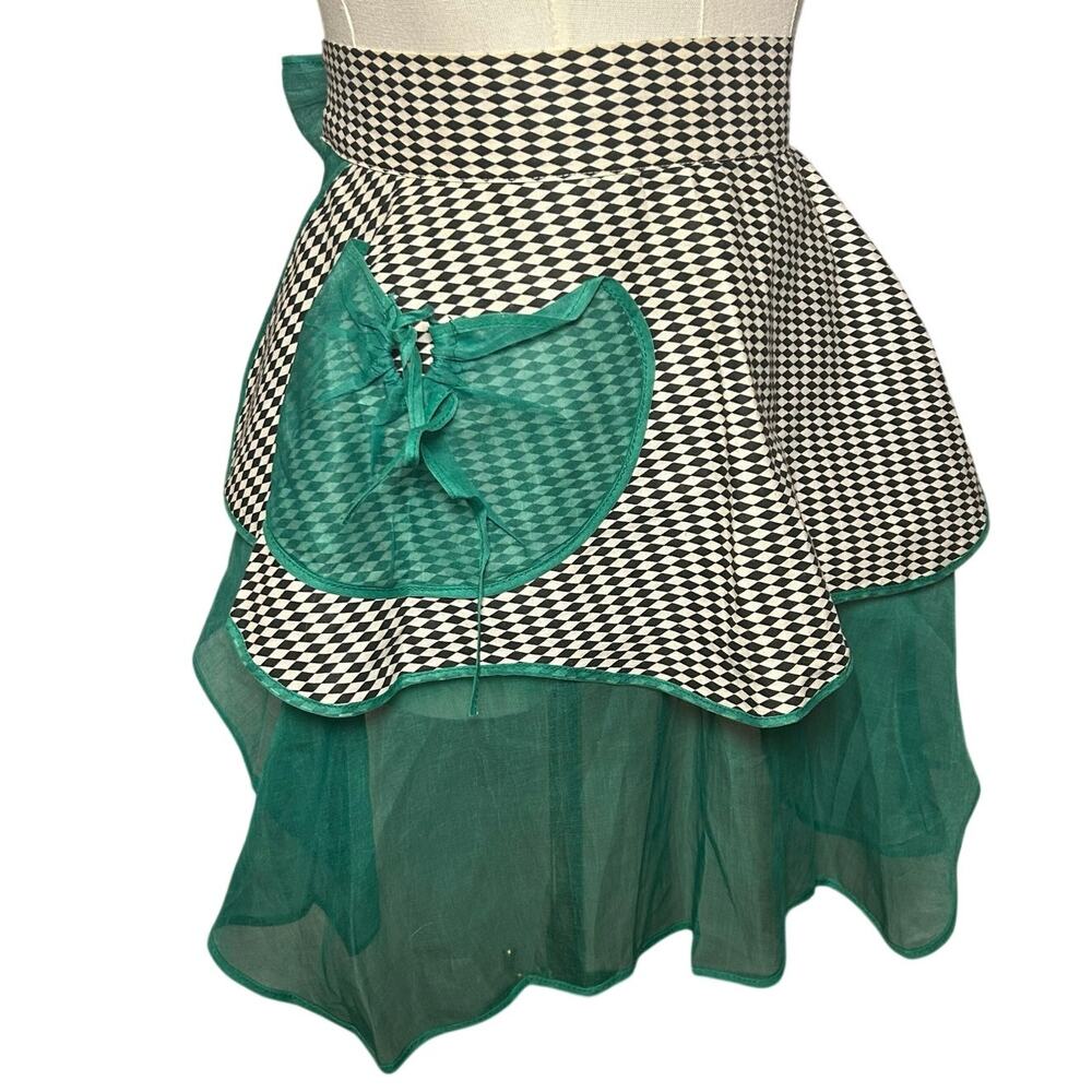 VTG 1950s Harlequin Organza Hostess Apron Green Sheer Ruffle Miu Miu Style OS